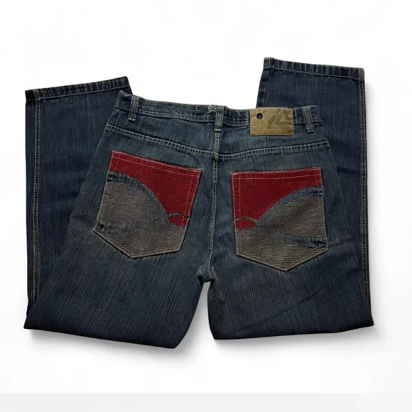Men's Relaxed Fit Blue Jeans with Red Accent - Picture 2 of 2